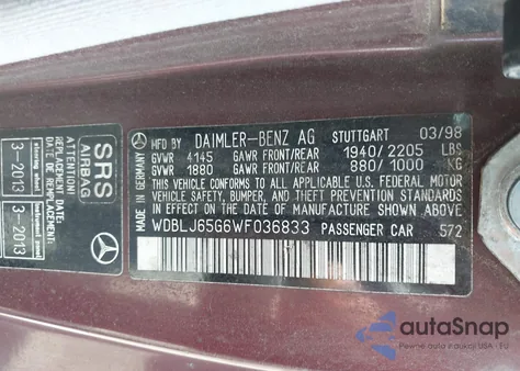 1998 Mercedes-Benz Clk 320 из США, поврежденный, VIN WDBLJ65G6WF036833